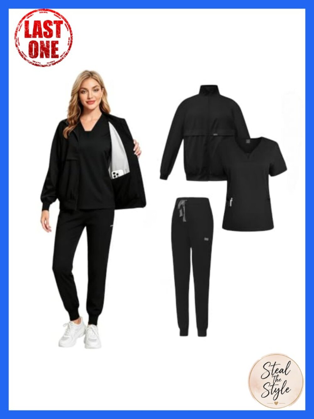 3-Piece Medical Scrub Set Jacket Top Jogger Pants with Pockets